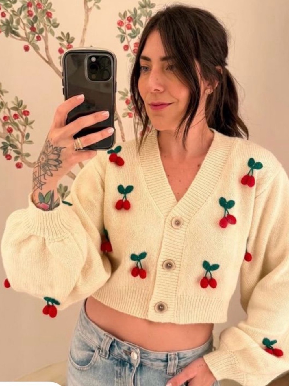 FARM Rio Cream Cropped Cardigan with Red Cherry Embroidery - Picture 3 of 7